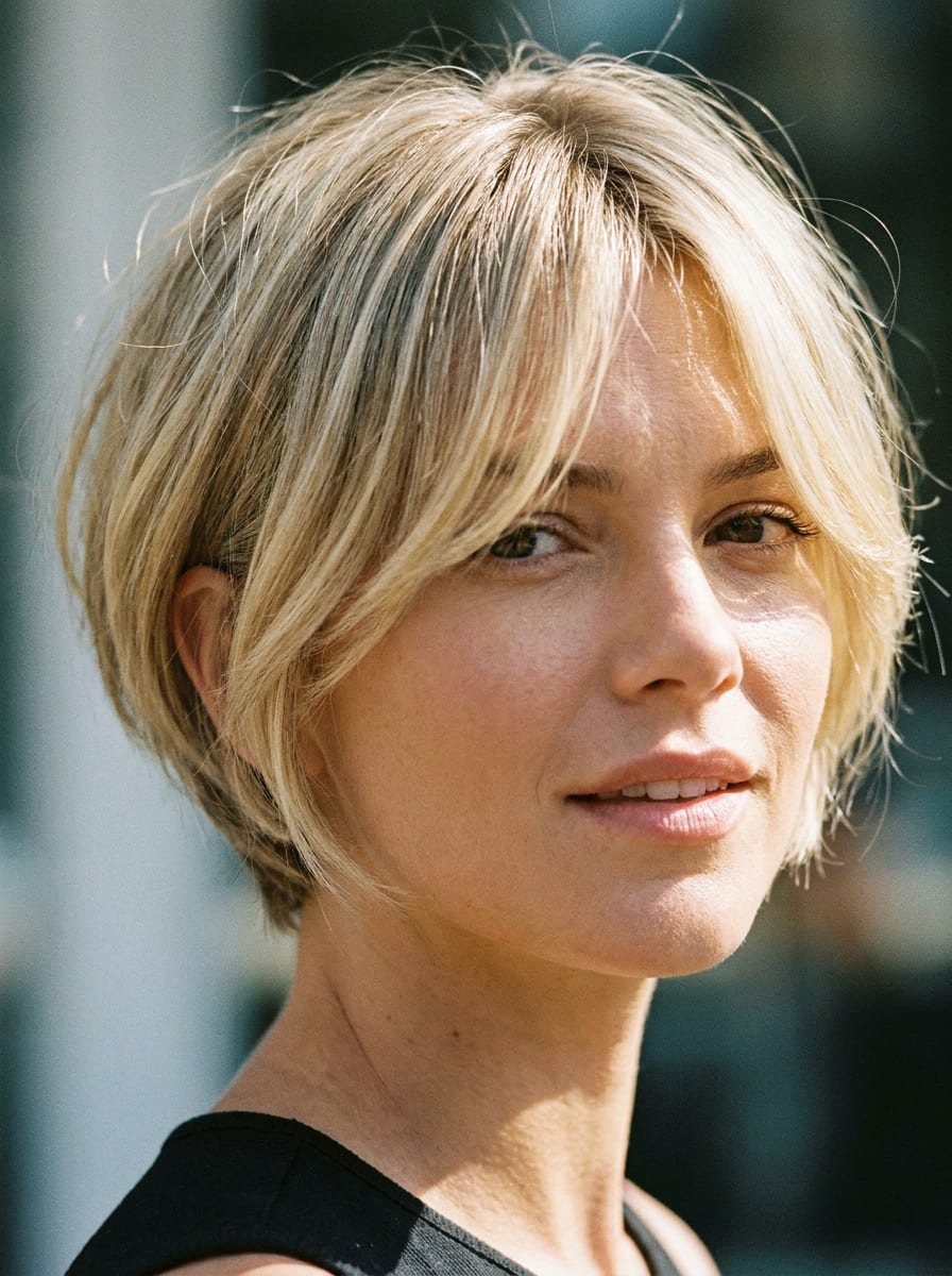 Blonder Bixie mit Curtain Bangs - Blonde Kurzhaarfrisur